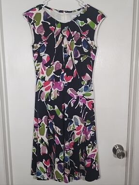 Wisp Women's 0 Navy Blue Floral Dress Sleeveless Keyhole Stretch Fit Flare